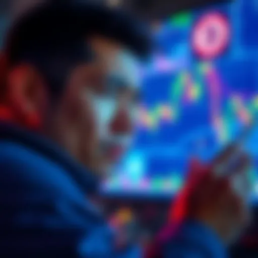 A trader looks at cryptocurrency charts with a worried expression, contemplating missed buying opportunities, surrounded by digital symbols of loss and hope.