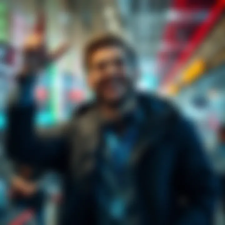 A trader with a big smile celebrating a profit on a digital platform after using leaked data.