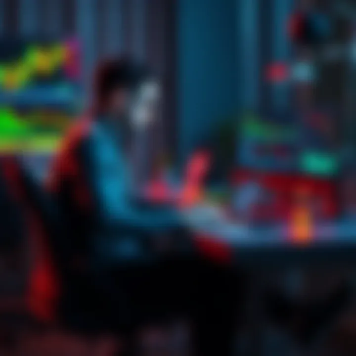 A trader sitting at a desk with a laptop and notes, focusing on cryptocurrency charts and strategies, showing determination to rebuild after a financial loss.