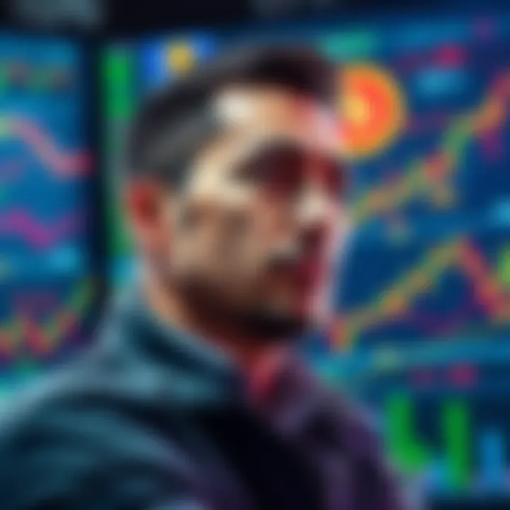 Trader Reflecting on Crypto Journey A trader looks thoughtful while surrounded by crypto charts and symbols, representing a decade in the cryptocurrency market.