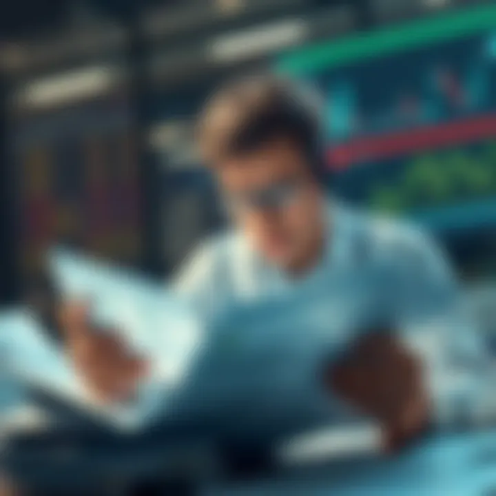 A trader looking at a financial chart with a worried expression, surrounded by paperwork and bills, symbolizing financial ruin