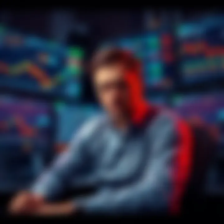 A trader sits in front of multiple screens showing declining cryptocurrency values, with a distressed expression reflecting missed opportunities.