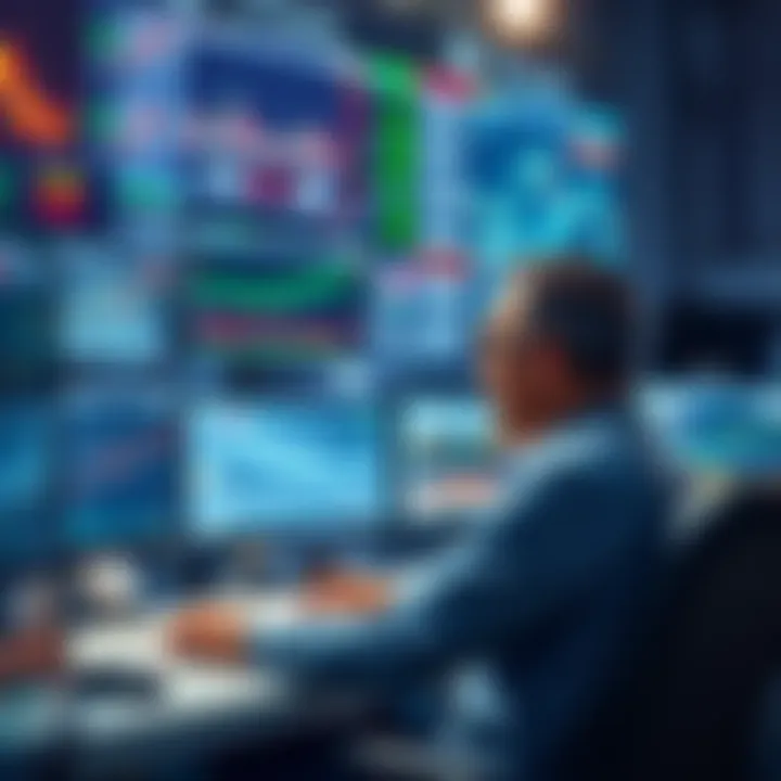 A trader at a desk looking at multiple screens displaying trading platforms and charts, evaluating exchange options for risk management.