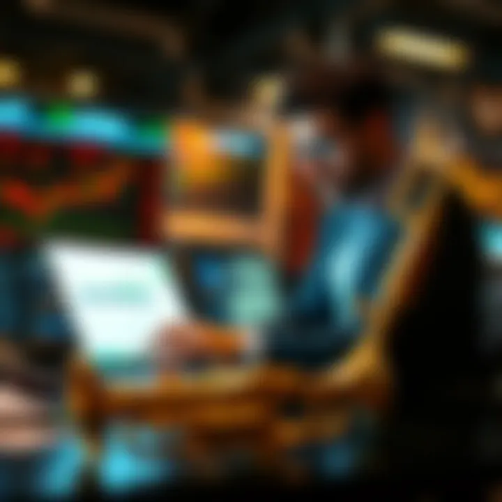 A trader examines their portfolio on a laptop, contemplating a decision to sell some assets. Nearby, a shiny trumpet symbolizes the excitement of using profits for a new purchase.