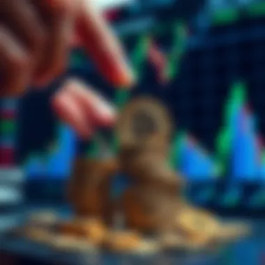 A trader placing Pi coins in a stack with a graph showing positive market trends in the background.