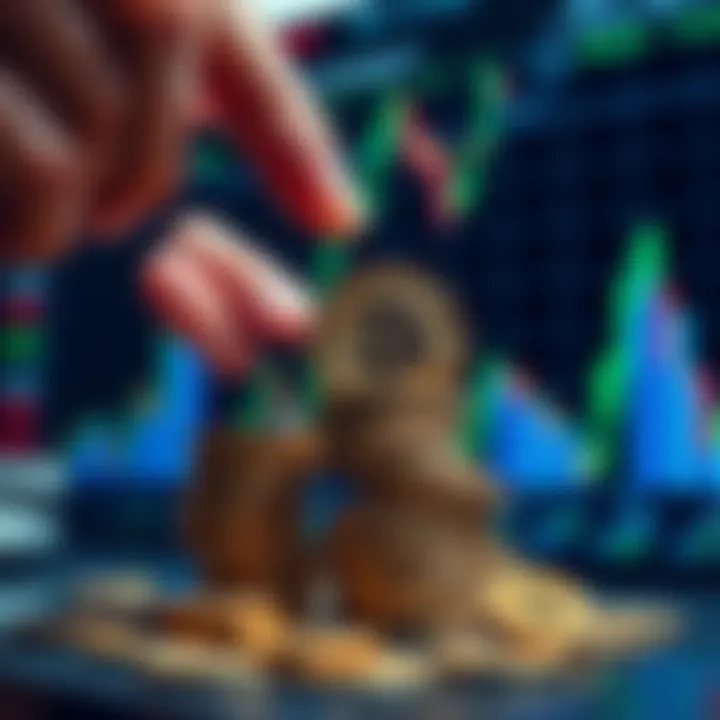 A trader placing Pi coins in a stack with a graph showing positive market trends in the background.