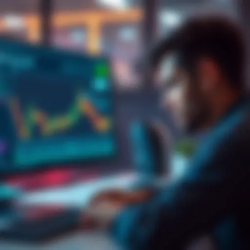 A stressed trader looking at a computer screen displaying falling Ethereum prices, showing disappointment after a futures trade loss