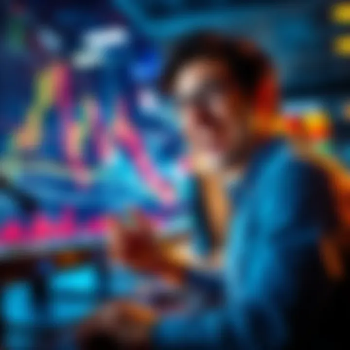 A confident trader smiling while looking at a rising stock chart on a computer screen, showcasing early success.