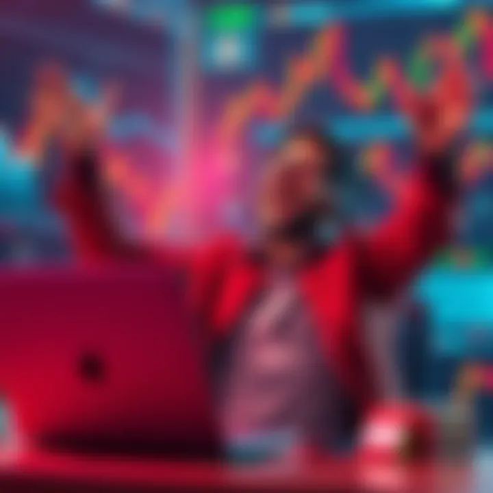 A happy trader showing excitement after making money from a PENGUIN trade, with a laptop and currency symbols in the background.