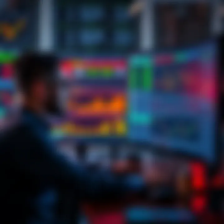A trader works on a computer screen showing charts, news feeds, and AI alerts for trading