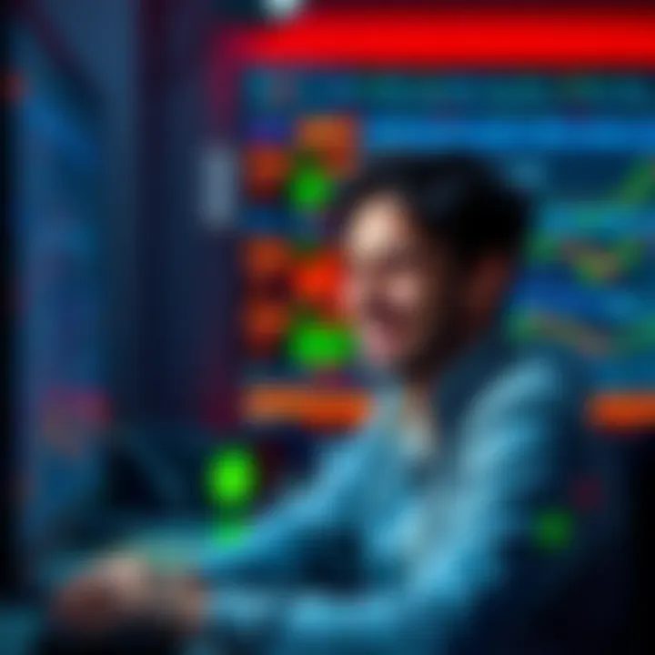 A person smiling while reading supportive messages on a computer screen related to crypto trading and gambling addiction recovery