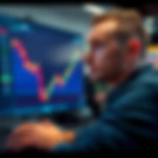 A trader looking worried while monitoring Bitcoin prices on a screen, with a chart showing a steep rise, symbolizing lost opportunities in the market.