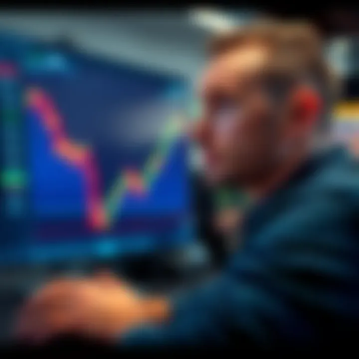 A trader looking worried while monitoring Bitcoin prices on a screen, with a chart showing a steep rise, symbolizing lost opportunities in the market.