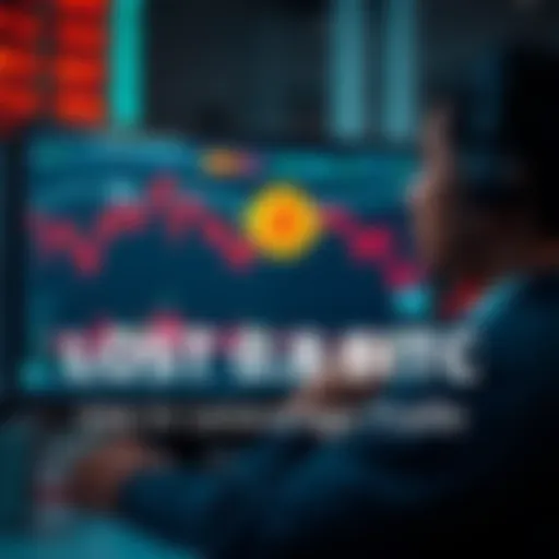 A concerned trader staring at a computer screen showing a Bitcoin chart with red downward trends and loss notifications
