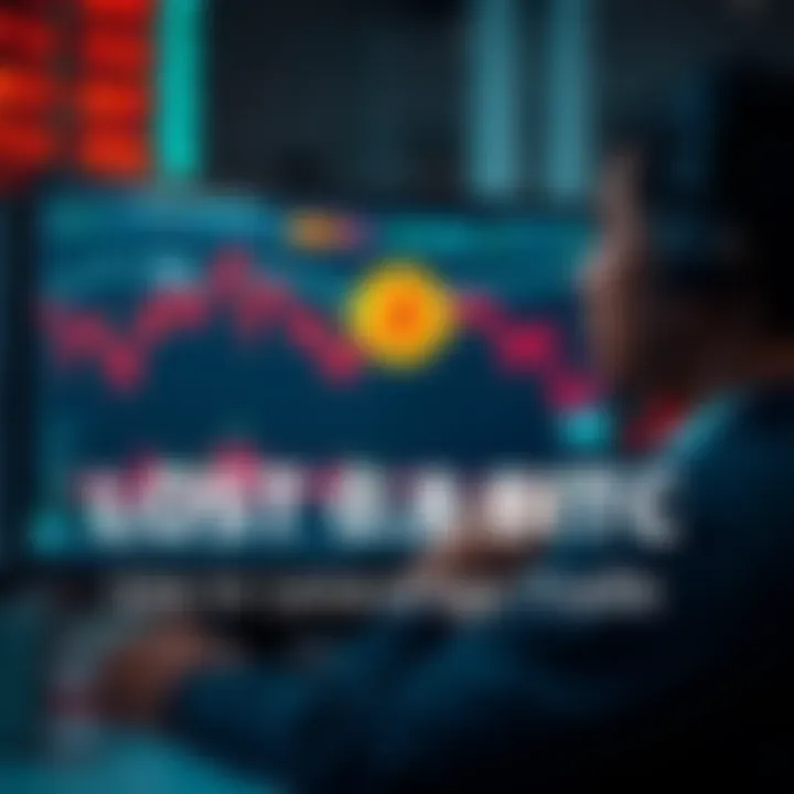 A concerned trader staring at a computer screen showing a Bitcoin chart with red downward trends and loss notifications