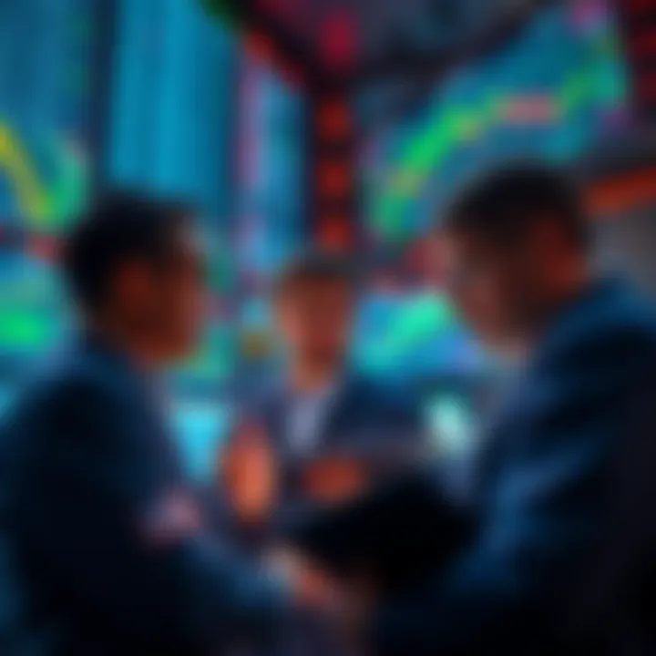 Group of traders looking at market graphs and data on screens, discussing investment strategies after a significant short trading day.