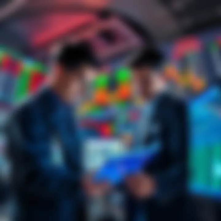 Traders looking at charts and graphs to assess market conditions and decide on profit-taking strategies at the peak.