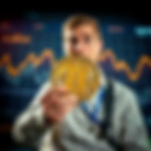 A trader looks shocked while holding a Bitcoin symbol, with a graph showing a steep decline in value behind them.