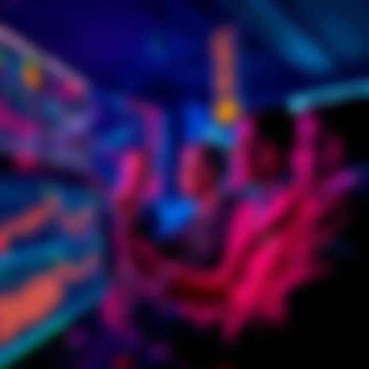 A group of traders examining differing capital gains results on screens, with visible graphs and crypto symbols.