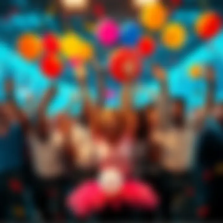 A group of happy traders celebrating their wins at Round 161, with balloons and confetti around them, showcasing excitement and community spirit.