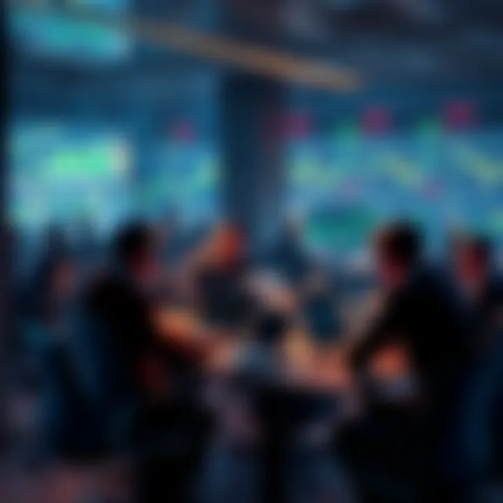 A group of traders engaging in discussions about altcoin strategies and market trends around a table with laptops and charts.