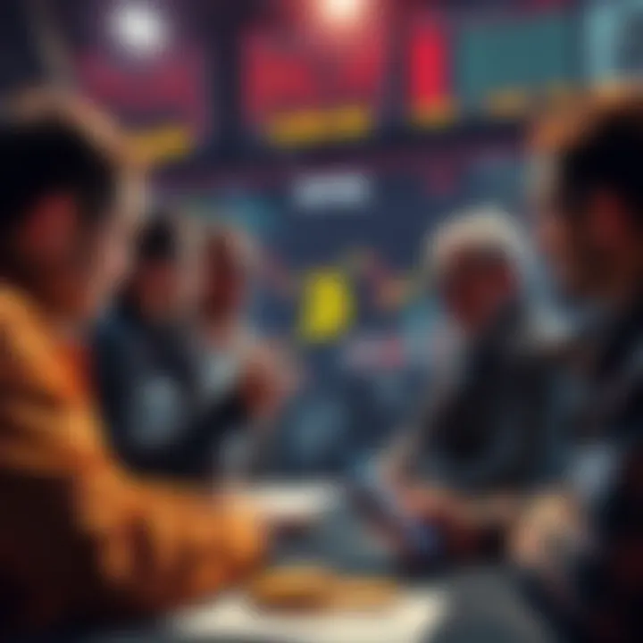 A group of traders sharing tips on shorting Bitcoin, with charts and graphs in the background.