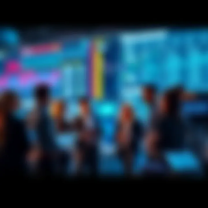 Traders discussing platforms Group of people sharing opinions about trading platforms in a modern setting