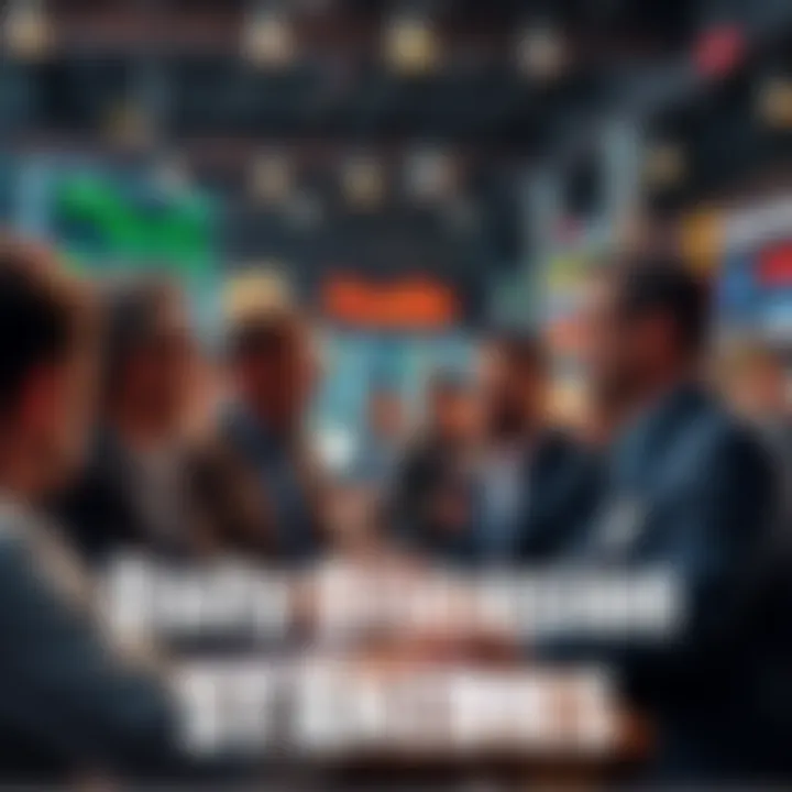 A group of traders sharing ideas and strategies in a lively discussion at a trading event.