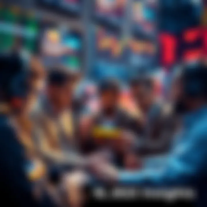 A group of traders engaging in a discussion about market strategies and technical analysis.