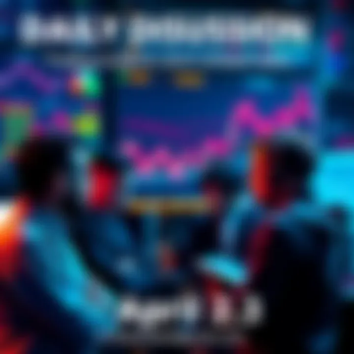 A group of traders engaged in conversation, sharing insights and discussing market trends, with charts and graphs in the background.