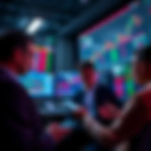 A group of traders discussing strategies while looking at screens showing stock market data and AI trading tools