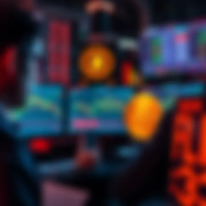 A group of traders reviewing Bitcoin price charts on screens, displaying concern about market losses.