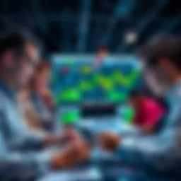 Traders analyzing market data Group of traders studying charts and trading strategies in a busy office