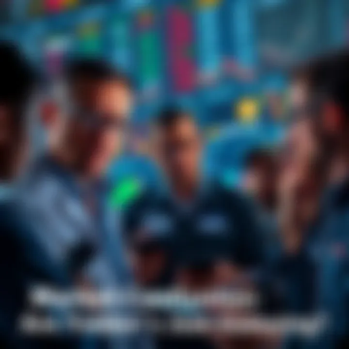 A group of traders looking at fluctuating market charts and Bitcoin prices, appearing uncertain and discussing among themselves.