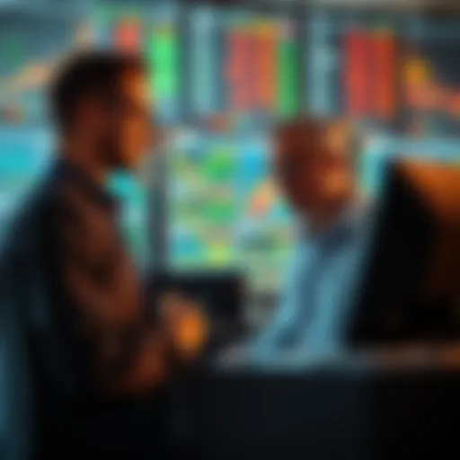 Traders Analyzing Market Data Two traders reviewing charts and data on screens while discussing strategies for success in trading.