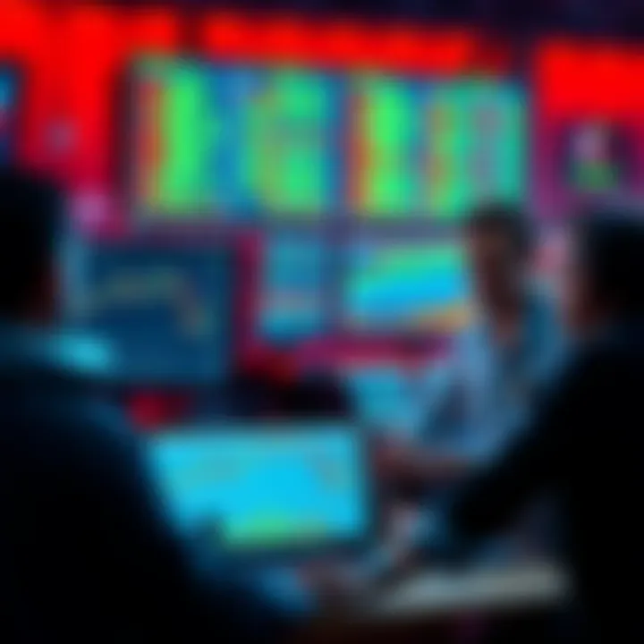 Traders at Work A group of traders discussing strategies over screens filled with stock charts and data.