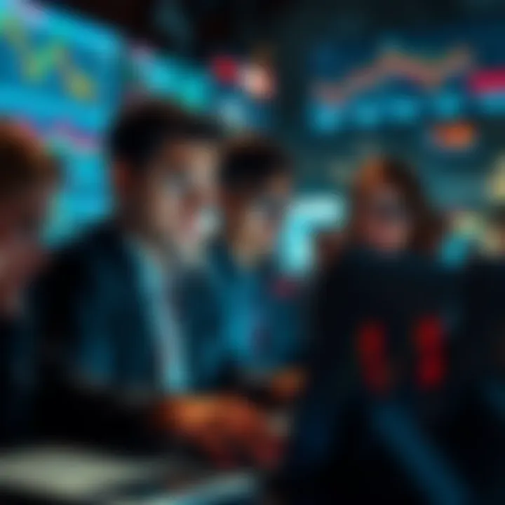 A group of traders looking worried as they analyze market data on laptops, surrounded by charts and graphs showing losses.