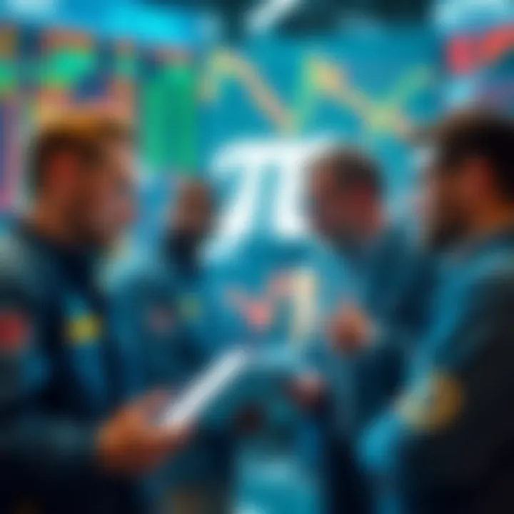 Group of traders looking at charts and discussing Pi Day impact on cryptocurrency markets