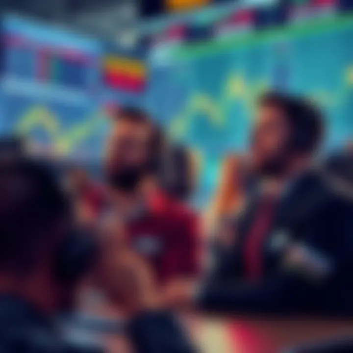 People looking at cryptocurrency charts with mixed emotions, showing signs of excitement and anxiety while trading.