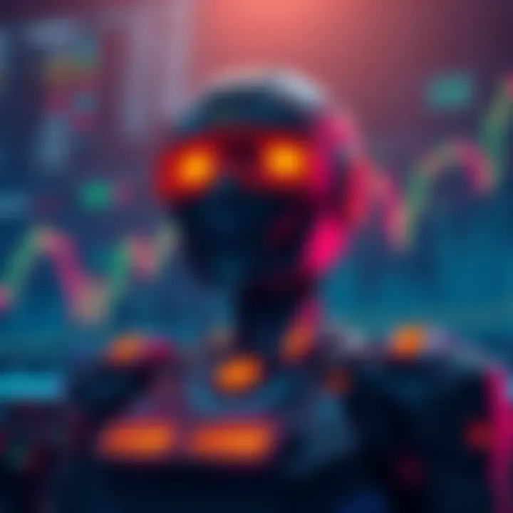 A digital illustration of a trading bot showing alerts for new tokens and auto-execution options, set against a backdrop of market charts and graphs.