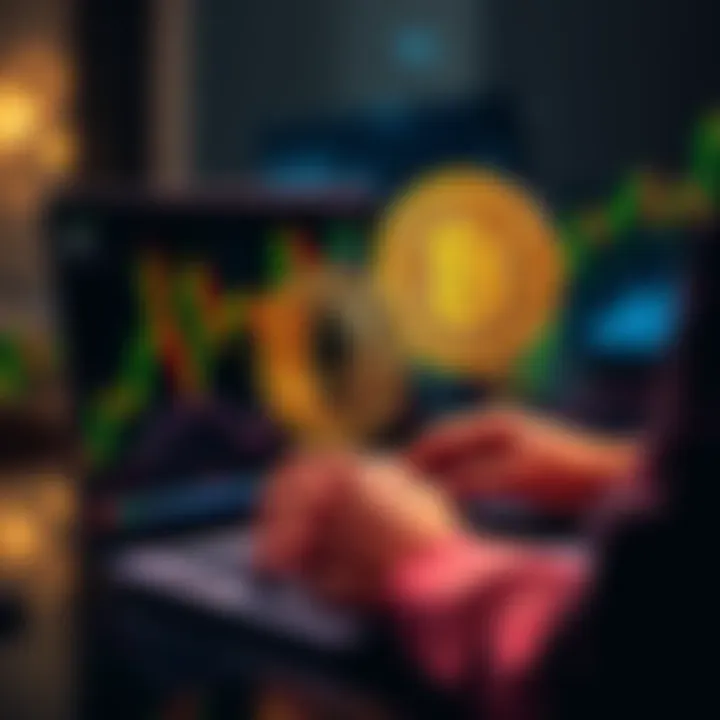 A person exchanging Bitcoin for Monero on a laptop with graphs in the background