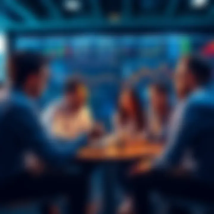 Trading Discussion Group A diverse group of people discussing trading strategies in a casual setting, with charts and graphs in the background.