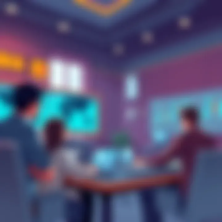 Trading discussion illustration People engaged in trading discussions with charts and analysis on screens.