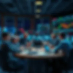 Traders discussing insights and strategies around a table with charts and laptops.