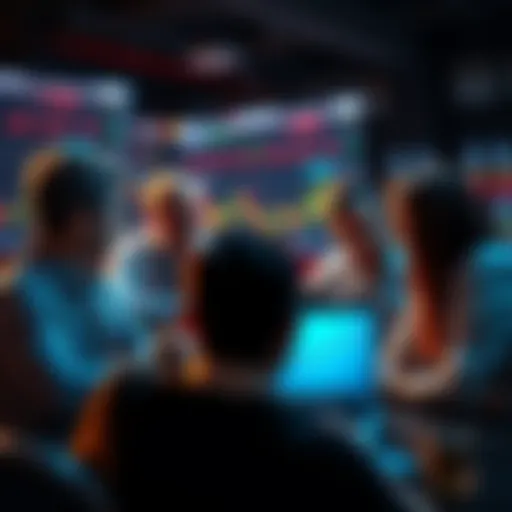 Group of people discussing trading ideas with charts and laptops