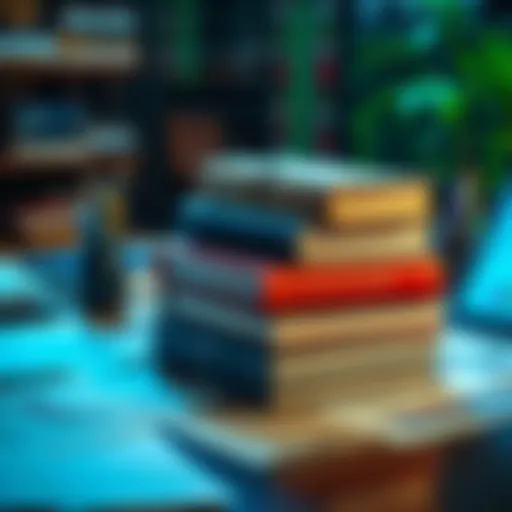 A stack of trading books with charts and graphs on a desk, symbolizing learning and skill improvement in trading