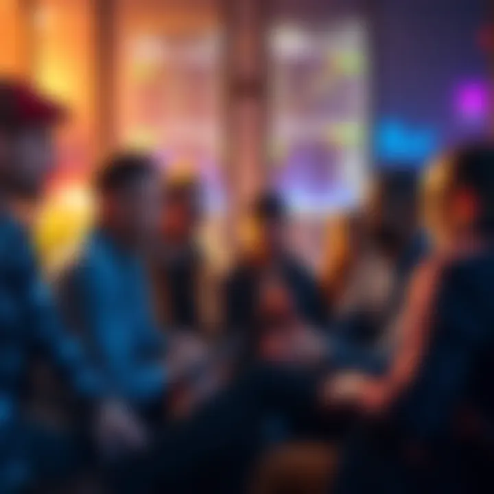 A diverse group of people engaging in discussions over trading strategies and markets, showcasing collaboration and friendship in the trading community.