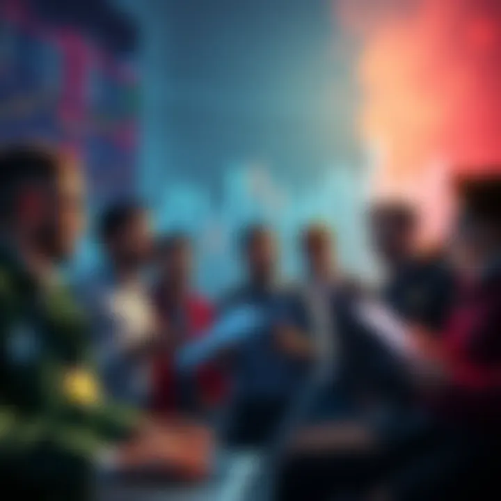 A group of traders discussing strategies with charts and graphs showing price movements, aiming to reach a milestone of 100K.