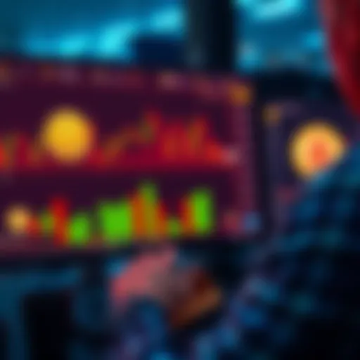 A person analyzing cryptocurrency charts on a computer screen with DOGE and meme coin symbols visible, showing market trends
