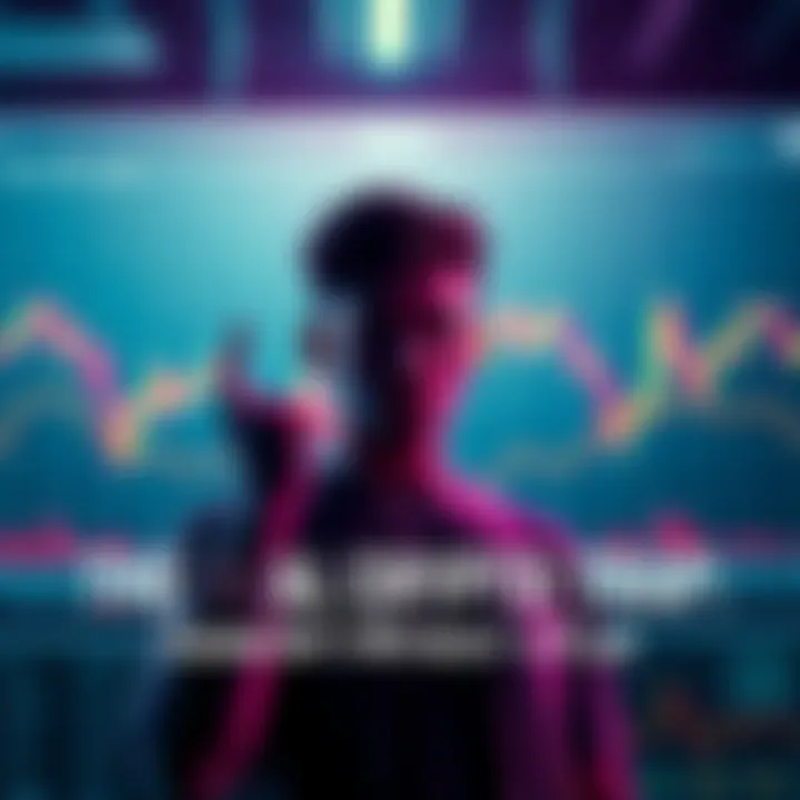 Trading discipline in crypto A person hesitates between buying cryptocurrency and staying disciplined, with charts showing market dips in the background.